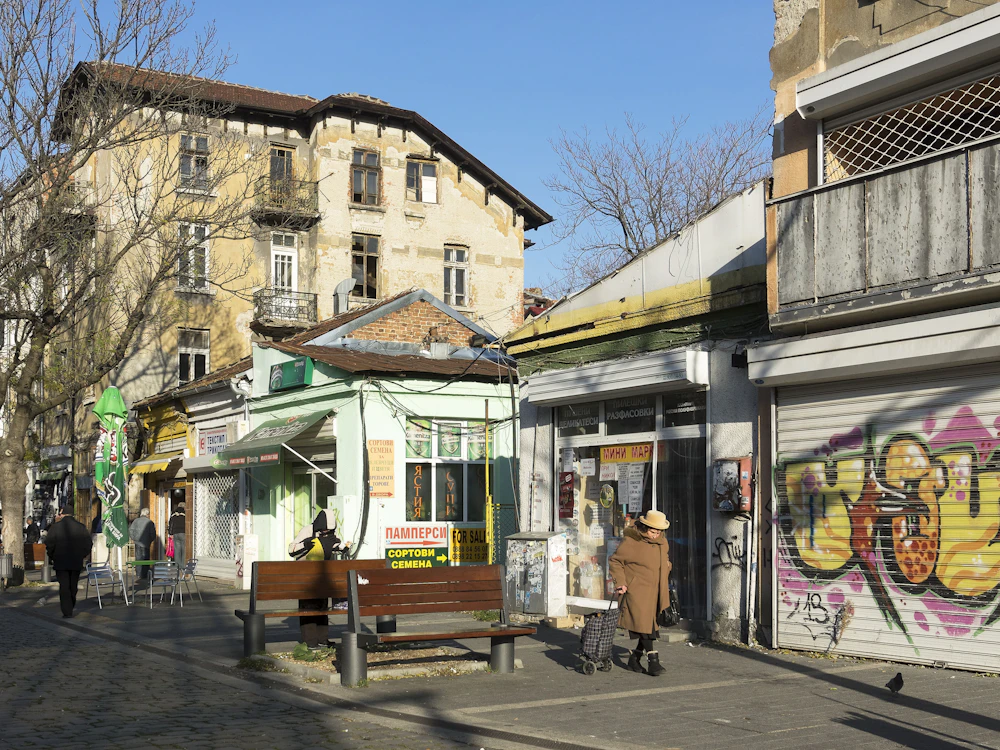 An everyday street with older buildings in Sofia, Bulgaria