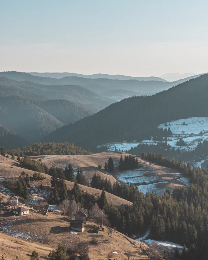 Traditional rural buildings surrounded by trees in Bulgaria's Rhodope Mountains